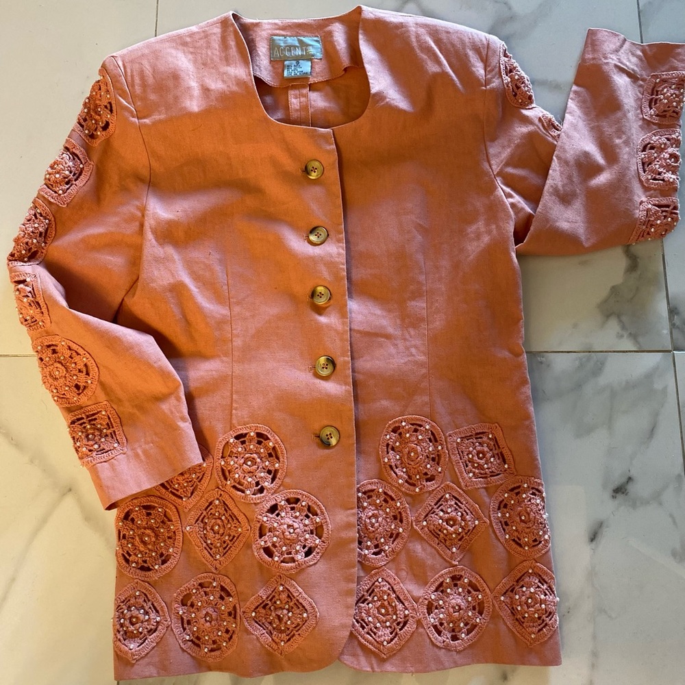 Vintage Natural Fiber Crochet Detail Blazer Womens